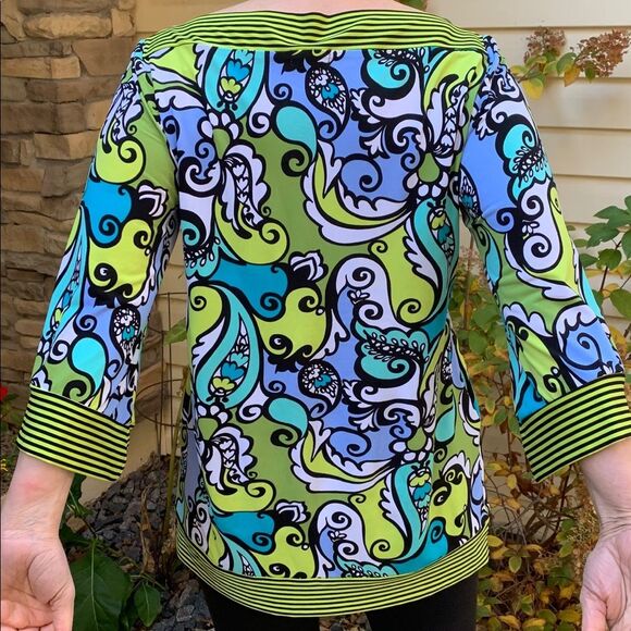 Cocomo 3/4 sleeve green, patterned blouse with boat neck, gorgeous, festive, L - Picture 7 of 7